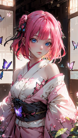 ((nino nakano, short hair, bangs, blue eyes, hair ornament, hair ribbon, pink hair, blunt bangs, two side up, butterfly hair ornament,,,))

masterpiece, best quality, extremely detailed, absurdres, expressive clothes, fine fabric emphasis, ray tracing, fantasy style, 1girl, upper body, portrait, tilted head, hanfu, obi, kimono, (split-color hair:1.4), off shoulder, , Japanese architecture, indoor, light and shadow, crystal flower, crystal,