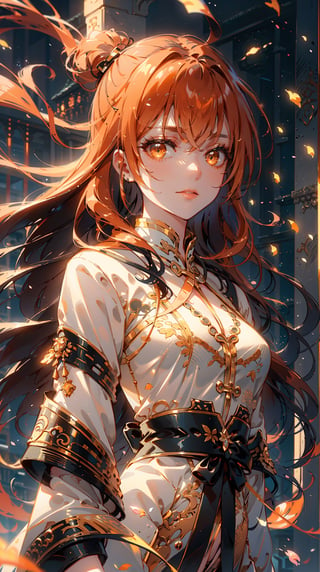 Official art illustration, 1gril, long black hair, floating hair, asymmetrical bangs, white antique Chinese costume, delicate face, delicate eyes, a mole in the corner of the left eye, night, moonlight shining on the body, petals flying, masterpiece, 4k, ,kouko_kaga, dark orange hair, dark eyes, long hair,1 girl