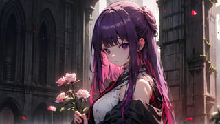 ((fern, long hair, bangs, (purple eyes:1.1), purple hair, sidelocks, blunt bangs, bright pupils, half updo,,,)),

masterpiece, best quality, extremely detailed, absurdres, expressive clothes, fine fabric emphasis, ray tracing, fantasy style, 1girl , upper body , portrait , tilted head , hanfu , obi , kimono , (split-color hair:1.4) , off shoulder, pink eyes , Japanese architecture, indoor , light and shadow, crystal flower, crystal,solid warm colors,1 girl, goose feather snow, plum blossom, Arcadia,school uniform,hoshino ai,mikan yuuki,Frieren: Beyond Journey's End