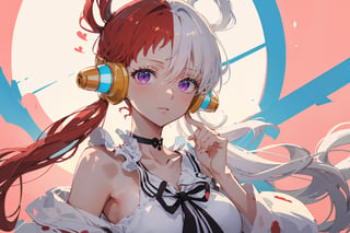 ((uta_onepiece, long hair, headphones, white dress, dress, ribbon, twintails,))

(masterpiece:1.3), (best quality:1.3), high resolution, master-piece, bestquality, 1girls,15 years old, (masterpiece:1.2, best quality,), (Soft light), (shiny skin), 1girls, off shoulders,hair, between breasts, medium breast, breasts, choker, cleavage, collarbone, hair, looking at viewer, pink background, facing breasts, , womb tattoo,solo, female_solo,1 girl, 1 girl, one girl,upper body,,sketch,kanroji_mitsuri,shion,uta_onepiece