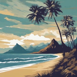 mountain peaks on the stormy sea and a beach with palm trees, greg rutkowski,vector art illustration