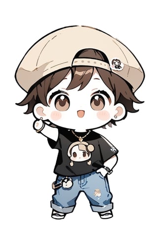 //masterpiece, high quality, 8K, high_res, CG style, surprised :0, happy, a young boy in an oversized black polo shirt and baggy/stretch jeans, taking a selfie, beautiful, elegant, very detailed, 1boy, CrclWc, CuteSt1, WtrClr, watercolor (medium),//, (dark brown hair), (dark brown eyes), fair complexion, , Rolex-style watch, bracelet with black pearls, beige cap, anime-style, chibi, sticker, white background, medium_chest//
