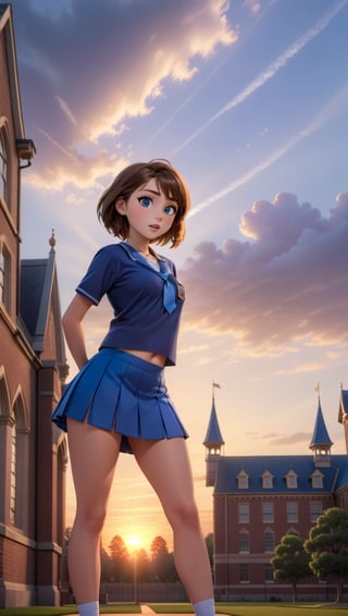 a cartoon full body of a beautiful caucasian girl 19 years old ,brown small hair, blue eyes, wearing a skimpy blue school uniform and blue miniskirt stand up in a college at sunset  as background in 4k,Extremely Realistic,photorealistic,disney pixar style,photo r3al, score_9_up