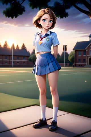 a cartoon full body of a beautiful caucasian girl 19 years old ,brown small hair, blue eyes, wearing a skimpy blue school uniform and blue miniskirt stand up in a college at sunset  as background in 4k,Extremely Realistic,photorealistic,disney pixar style,photo r3al, score_9_up