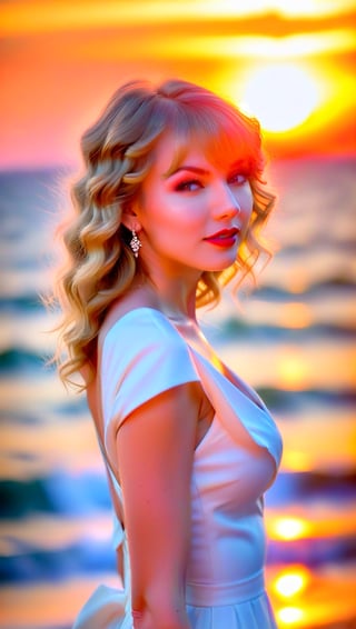 Taylor Swift, 23, stands confidently on a sun-kissed beach at golden hour. Her bright blonde curls cascade down her back like honeycombed waves. Her features are radiant under a fiery sunset sky, red lips glistening with a subtle smile. A flowing white dress hugs her curves, the sea breeze rustling its delicate folds as she gazes out towards the horizon.,TaylorSwift,Taylor Swift woman,photo r3al