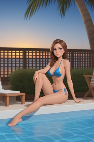 a cartoon full body of a beautiful caucasian girl 26 years old ,brown hair, blue eyes  wearing a skimpy blue bikini sitting on a hammock in a hotel at sunset whit a pool as background in 4k,disney pixar style