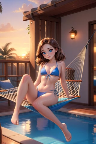 a cartoon full body of a beautiful caucasian girl 26 years old ,brown hair, blue eyes  wearing a skimpy blue bikini sitting on a hammock in a hotel at sunset whit a pool as background in 4k,disney pixar style