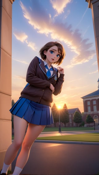 a cartoon full body of a beautiful caucasian girl 19 years old ,brown small hair, blue eyes, wearing a skimpy blue school uniform and blue miniskirt stand up in a college at sunset  as background in 4k,Extremely Realistic,photorealistic,disney pixar style,photo r3al, score_9_up