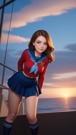 a cartoon full body of a beautiful caucasian girl 19 years old ,brown small hair, blue eyes, wearing a skimpy blue school uniform and blue miniskirt stand up in a college at sunset  as background in 4k,Extremely Realistic,photorealistic,disney pixar style,photo r3al, score_9_up