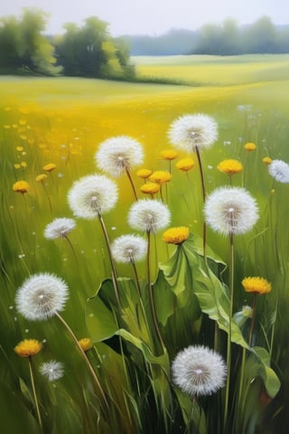 Oil painting, dandelions meadow, artistic, painting, illustration, white background, highly detailed