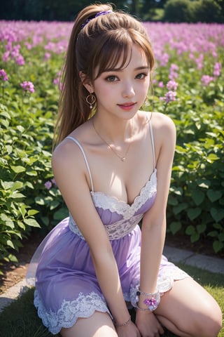 photorealistic, masterpiece, best quality, raw photo, 1girl, Lao girl, 18 years old, beautiful face, extremely detailed face, blond drill hair, high pony tail,  idol clothes, pastel purple see through lace dress, bare shoulders, sleeveless, wrist cuffs, idolmaster, earrings, bracelets, flower field, character focus, seductive smile, small breasts, cleavage, kneeling, knees, dynamic lighting, in the dark, deep shadow, low key, cowboy shot, face look like IU