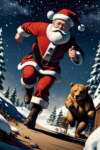 Santa Claus being chased by a bear,<lora:659111690174031528:1.0>