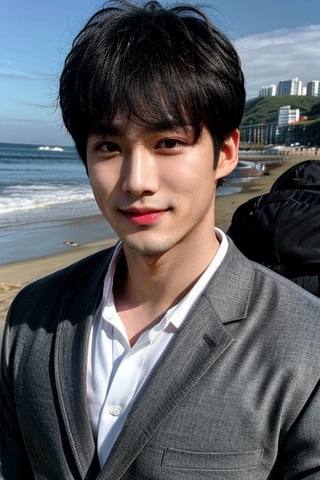 1boy, korean, actor, handsome, cute, black-hair, taken with mobile camera, beach, perfect eyes