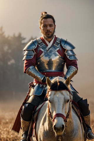 Story, male samurai warrior riding on horse stallion, beard, man-bun, 55 year old, brown eyes, wearing black-silver armor posing, mythpunk style, elaborate scene style, glitter, red, realistic style, 8k,exposure blend, medium shot, bokeh, (hdr:1.4), high contrast, (cinematic, dark red and white film), (muted colors, dim colors, soothing tones:1.3), low saturation, (hyperdetailed:1.2), (noir:0.4)