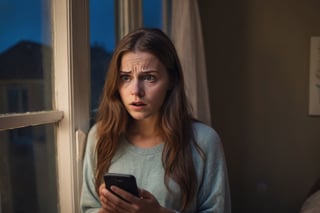 a beautiful woman with long cinnamon brown hair,standing beside her window of her  bed room , shocked,and sceard, (eyes open with terror)holding a phone reading text,look at her phone , Dimly Lit  room, detailed face,  dark theme, Night, soothing tones, muted colors, high contrast, (natural skin texture, hyperrealism, soft light, sharp), (freckles:0.3), (cinemtic scene),  Cannon EOS 5D Mark III, 85mm