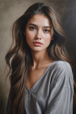 ((masterpiece), (best quality), (highly detailed)), A woman with long hair wearing a gray shirt is the subject of this beautiful painting. The artist has created a realistic and detailed portrayal of a cute girl, showcasing their expertise in 4K digital art. The painting captures the essence of the woman's features, bringing them to life with stunning realism. The use of oil adds to the beauty and richness of the portrait, making it a magnificent and visually captivating piece. This realistic and detailed oil painting is truly a work of art. 