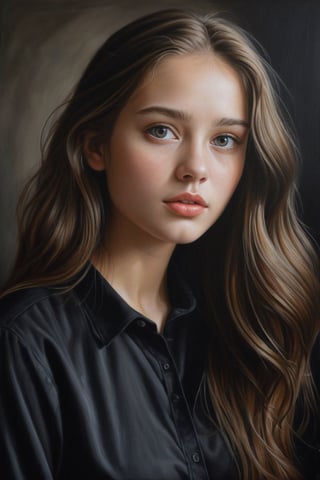 ((masterpiece), (best quality), (highly detailed)), A young woman with long hair ,grey eyes,wearing a black shirt is the subject of this beautiful painting. The artist has created a realistic and detailed portrayal of a cute girl, showcasing their expertise in 4K digital art. The painting captures the essence of the woman's features, bringing them to life with stunning realism. The use of oil adds to the beauty and richness of the portrait, making it a magnificent and visually captivating piece. This realistic and detailed oil painting is truly a work of art. black background 