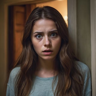 a beautiful  young woman with long cinnamon brown hair,standing on doorway of her bed room , shocked,and sceard, eyes open with terror , scared face, beautiful perfect face, Dimly Lit palace room, detailed face,  dark theme, Night, soothing tones, muted colors, high contrast, (natural skin texture, hyperrealism, soft light, sharp), (freckles:0.3), (cinemtic scene),  Cannon EOS 5D Mark III, 85mm