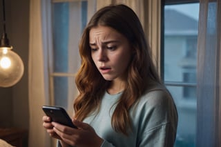 a beautiful young woman with long cinnamon brown hair,standing beside her window of her  bed room , shocked,and sceard, (eyes open with terror)holding a phone reading text,look at her phone , Dimly Lit  room, detailed face,  dark theme, Night, soothing tones, muted colors, high contrast, (natural skin texture, hyperrealism, soft light, sharp), (freckles:0.3), (cinemtic scene),  Cannon EOS 5D Mark III, 85mm