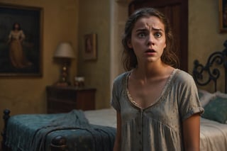 a beautiful girl standing on doorway of her bed room , shocked,and sceard, eyes open with terror, Dimly Lit palace room, detailed face,  dark theme, Night, soothing tones, muted colors, high contrast, (natural skin texture, hyperrealism, soft light, sharp), (freckles:0.3), (cinemtic scene),  Cannon EOS 5D Mark III, 85mm