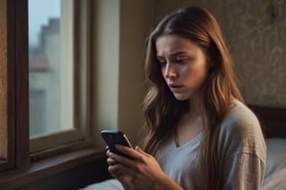 a beautiful woman with long cinnamon brown hair,standing beside her window of her  bed room , shocked,and sceard, (eyes open with terror)holding a phone reading text,look at her phone , Dimly Lit  room, detailed face,  dark theme, Night, soothing tones, muted colors, high contrast, (natural skin texture, hyperrealism, soft light, sharp), (freckles:0.3), (cinemtic scene),  Cannon EOS 5D Mark III, 85mm