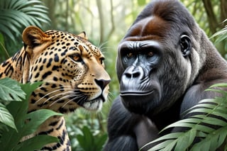 Cinematic Photo:1.3) of (Ultra detailed:1.3)a big leopard male with a GORILLA greyback looking at each other, hiding behind the leaves in the rainforest, in the style of Bloomsbury group, expressive character design, focus on joints/connections, leaf patterns, playful animation, shaped canvas, soft watercolors, Highly Detailed