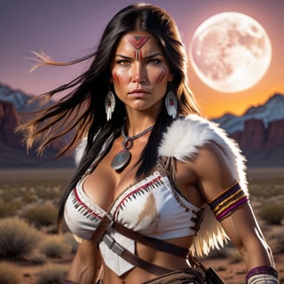 Full Body muscular and extremely beautiful  Apache woman, fierce wild determined unstoppable battle-worn with scars and dirt, fighting stance with legs spread arms wide, wearing white fur vests, with very big(huge)gigantic boobs, Bright High-Contrast, expressive, Solo woman, Amerecan Native, intricate detailed, angry face female, The masterpiece is a beautiful Apache girl with long black hair and golden brown eyes. She is intricately designed, elegant, and highly detailed, appearing extremely lifelike and photorealistic in her full body form. The RAW image was captured using an analog Nikon Z 85mm lens, with a Dutch angle for added visual interest. The award-winning photography showcases the best quality and realism, achieved through meticulous post-processing techniques. The result is an ultra-realistic, 8k UHD image with cinematic lighting. large breasts plate, futuristic, cowboy_shot, technologic, panel, half face mask, combat technology, tech filigrane, gold, aluminium, purple metalized, studio photography, 8k, super_detailed, ultra_high_resolution, Best quality, masterpiece, dynamic lighting, depth of field, deep shadow, RAW photo, best quality, Full moon,detailmaster2