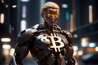 a cute cyborg women with blonde hair made out of metal, cyborg, Bitcoin logo on forehead, intricate details, hdr, intricate details:1.1, hyperdetailed, cinematic shot, vignette, centered), (best quality, 4k, 8k, high res, masterpiece:1.2), ultra-detailed, (realistic, photorealistic, photo-realistic:1.37), metallic fur texture, glowing eyes, mechanical limbs, microscopic engravings, shiny reflective surface, metallic whiskers, sharp metal claws, cybernetic enhancements, sparkling metal reflections, precision engineering, subtle shadows, mysterious atmosphere, vivid colors, sharp focus, innovative design, defocused background, emotive facial expression, strategic lighting, artistic composition, technological marvel,