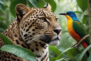 Cinematic Photo:1.3) of (Ultra detailed:1.3)a big leopard male with a Sunbird sitting on its nose, hiding behind the leaves in the rainforest, in the style of Bloomsbury group, expressive character design, focus on joints/connections, leaf patterns, playful animation, shaped canvas, soft watercolors, Highly Detailed