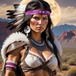 Full Body muscular and extremely beautiful  Apache woman, fierce wild determined unstoppable battle-worn with scars and dirt, fighting stance with legs spread arms wide, wearing white fur vests, with very big(huge)gigantic boobs, Bright High-Contrast, expressive, Solo woman, Amerecan Native, intricate detailed, angry face female, The masterpiece is a beautiful Apache girl with long black hair and golden brown eyes. She is intricately designed, elegant, and highly detailed, appearing extremely lifelike and photorealistic in her full body form. The RAW image was captured using an analog Nikon Z 85mm lens, with a Dutch angle for added visual interest. The award-winning photography showcases the best quality and realism, achieved through meticulous post-processing techniques. The result is an ultra-realistic, 8k UHD image with cinematic lighting. large breasts plate, futuristic, cowboy_shot, technologic, panel, half face mask, combat technology, tech filigrane, gold, aluminium, purple metalized, studio photography, 8k, super_detailed, ultra_high_resolution, Best quality, masterpiece, dynamic lighting, depth of field, deep shadow, RAW photo, best quality, Full moon,detailmaster2