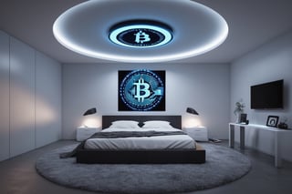 Create an image of a futuristic bedroom with a Bitcoin light on the ceiling