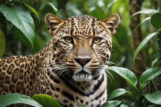 Cinematic Photo:1.3) of (Ultra detailed:1.3)a big leopard male with a Sunbird sitting on its nose, hiding behind the leaves in the rainforest, in the style of Bloomsbury group, expressive character design, focus on joints/connections, leaf patterns, playful animation, shaped canvas, soft watercolors, Highly Detailed