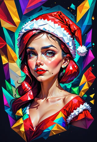 Low polygon, mosaic artwork. One santa girl, wear santa girl costume, wear santa hat,  half body, potrait, potraiture, vibrant, colorful, mosaic, low-poly, polygon mesh, jagged, blocky, wireframe edges, centered composition