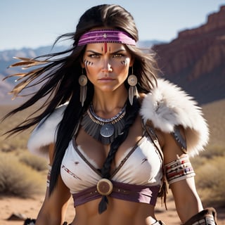 Full Body muscular and extremely beautiful  Apache woman, fierce wild determined unstoppable battle-worn with scars and dirt, fighting stance with legs spread arms wide with battle axe in hand, wearing white fur vests, with very big(huge) boobs, Bright High-Contrast, expressive, Solo woman, Amerecan Native, intricate detailed, angry face female, The masterpiece is a beautiful Apache girl with long black hair and golden brown eyes. She is intricately designed, elegant, and highly detailed, appearing extremely lifelike and photorealistic in her full body form. The RAW image was captured using an analog Nikon Z 85mm lens, with a Dutch angle for added visual interest. The award-winning photography showcases the best quality and realism, achieved through meticulous post-processing techniques. The result is an ultra-realistic, 8k UHD image with cinematic lighting. large breasts plate, futuristic, cowboy_shot, technologic, panel, half face mask, combat technology, tech filigrane, gold, aluminium, purple metalized, studio photography, 8k, super_detailed, ultra_high_resolution, Best quality, masterpiece, dynamic lighting, depth of field, deep shadow, RAW photo, best quality, Full moon,detailmaster2