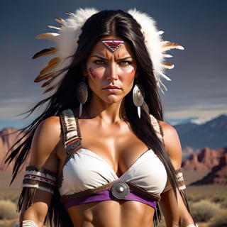 Full Body muscular and extremely beautiful  Apache woman, fierce wild determined unstoppable battle-worn with scars and dirt, fighting stance with legs spread arms wide, wearing white fur vests, with very big(huge)gigantic boobs, Bright High-Contrast, expressive, Solo woman, Amerecan Native, intricate detailed, angry face female, The masterpiece is a beautiful Apache girl with long black hair and golden brown eyes. She is intricately designed, elegant, and highly detailed, appearing extremely lifelike and photorealistic in her full body form. The RAW image was captured using an analog Nikon Z 85mm lens, with a Dutch angle for added visual interest. The award-winning photography showcases the best quality and realism, achieved through meticulous post-processing techniques. The result is an ultra-realistic, 8k UHD image with cinematic lighting. large breasts plate, futuristic, cowboy_shot, technologic, panel, half face mask, combat technology, tech filigrane, gold, aluminium, purple metalized, studio photography, 8k, super_detailed, ultra_high_resolution, Best quality, masterpiece, dynamic lighting, depth of field, deep shadow, RAW photo, best quality, Full moon,detailmaster2