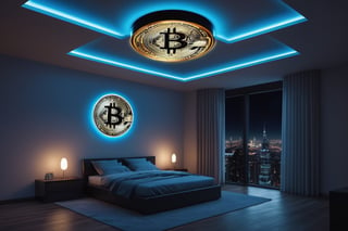 Create an image of a futuristic bedroom with a Bitcoin light on the ceiling