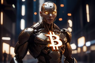 a cute cyborg women with blonde hair made out of metal, cyborg, Bitcoin logo on forehead, intricate details, hdr, intricate details:1.1, hyperdetailed, cinematic shot, vignette, centered), (best quality, 4k, 8k, high res, masterpiece:1.2), ultra-detailed, (realistic, photorealistic, photo-realistic:1.37), metallic fur texture, glowing eyes, mechanical limbs, microscopic engravings, shiny reflective surface, metallic whiskers, sharp metal claws, cybernetic enhancements, sparkling metal reflections, precision engineering, subtle shadows, mysterious atmosphere, vivid colors, sharp focus, innovative design, defocused background, emotive facial expression, strategic lighting, artistic composition, technological marvel,