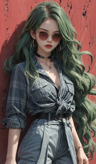  masterpiece art, 8k, (A beautiful teen girl with a skinny body), (green wavy hair) , she is wearing a (red designed checked shirt), (black designed cargo shorts), (waist knot belt), (flower choker), (red sunglasses), fashion style clothing. Necklace, jewelry, Her toned body suggests her great strength. The girl is dancing hip-hop and doing all kinds of cool moves.,columnar patch background,rGeometric pattern stitching background,shot from a distance,detailed art Sohwa,medium full shot,skinny,Detaileddace