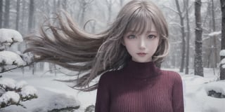 ((best quality)), ((masterpiece)), (detailed), photorealistic highly detailed 8k photography, White hair, detailed, red eyes, windy, floating hair, snowy, upper body, red sweater, detailed face, winter, trees, sunshine, midriff 23680387,girl