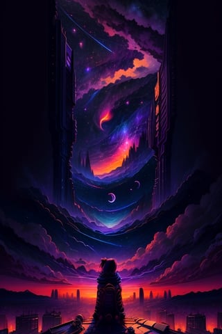 masterpiece, ultra high resolution, illustration of A girl gazes at the cosmic expanse from a rooftop – detailed night sky, twilight hues, rooftop silhouette, the end of the world. viewed from below. sitting, full body, best quality, simple background, Centred vector art, tshee00d, vector style,tshee00d