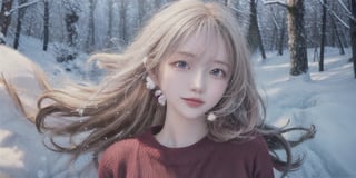 ((best quality)), ((masterpiece)), (detailed), photorealistic highly detailed 8k photography, White hair, detailed, red eyes, windy, floating hair, snowy, upper body, red sweater, detailed face, winter, trees, sunshine, midriff 23680387,girl