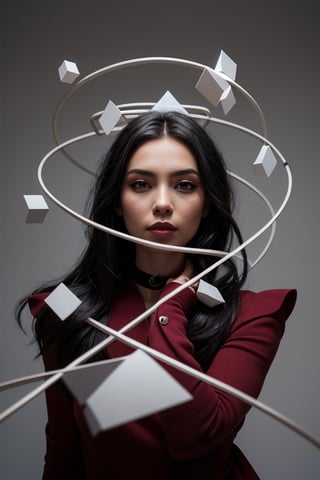 a beautiful female model, a beautiful young woman, with long black hair, her gaze intense as she confronts the camera lens. Her head is encircled by a captivatingarrangement of minimalist geometric shapes - circles, triangles, and squares - that swirl and intertwine around her face, creating a mesmerizing visual rhythm. The monochromatic grey backdrop emphasizes the elegance and simplicity of the shapes, while the woman's vibrant, fashionable outfit adds a touch of contemporary flair. This photograph seamlessly blends the realms of conceptual art and cinematic portrait photography, prompting the viewer to delve into the thought-provoking narrative hidden within this enchanting scene.