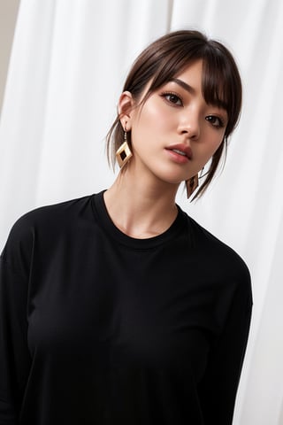 a beautiful female model, a beautiful young woman looking at viewer, short hair, brown hair, shirt, black hair, jewelry, upper body, earrings, parted lips, black eyes, lips, head tilt, black shirt, curtains, realistic