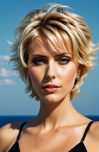 a blonde woman wearing a with short hair on her neck, in the style of classic rock, gigantic scale, neogeo, bronzepunk, photocopy, serene maritime themes, celebrity image mashups.