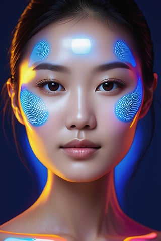 book cover, macro photo of an asian woman with perfect skin, backlit by neon UV lights, luxury, high end, scientific, embody innovation, optimism, and elegance, suitable for a high-end skincare brand. abstract elements that suggest cellular regeneration and a youthful glow, all within a positive, futuristic aesthetic. The color palette should harmonize with the warm, inviting tone of #c88443, reflecting health, vitality, and the transformative power of exosomes.