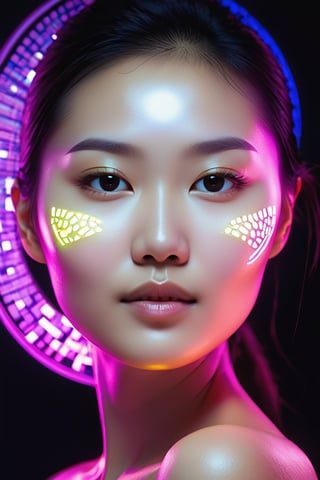 book cover, macro photo of an asian woman with perfect skin, backlit by neon UV lights, luxury, high end, scientific, embody innovation, optimism, and elegance, suitable for a high-end skincare brand. abstract elements that suggest cellular regeneration and a youthful glow, all within a positive, futuristic aesthetic. The color palette should harmonize with the warm, inviting tone of #c88443, reflecting health, vitality, and the transformative power of exosomes.