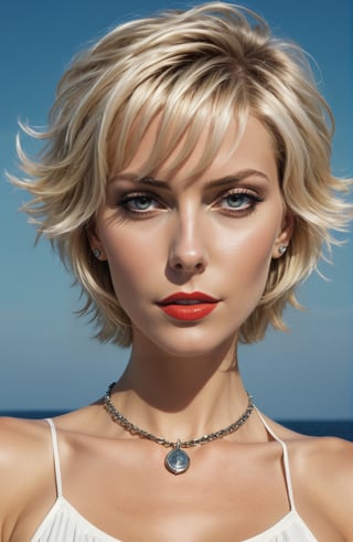 a blonde woman wearing a with short hair on her neck, in the style of classic rock, gigantic scale, neogeo, bronzepunk, photocopy, serene maritime themes, celebrity image mashups.