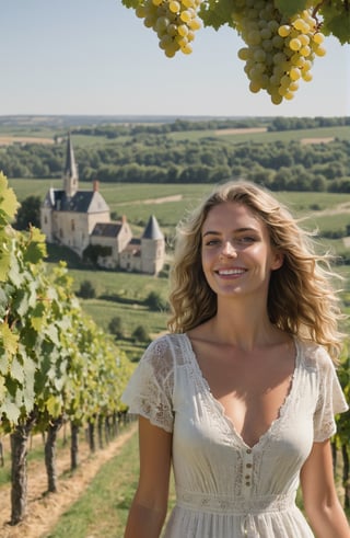 This image captures a young New Zealand woman on a winery tour in the picturesque Loire Valley in France. she walks through lush green vineyards under the soft sunlight, dressed in a light summer dress, her hair shining. Her face reflects excitement and joy for the adventure and discoveries ahead. The backdrop showcases the Loire Valley's typical landscape, with historic winery buildings scattered across the horizon, each telling the story of the region's rich winemaking history. Surrounding her are vineyards with ripe grape bunches, and beyond, the gentle flow of a river through the valley. Despite touring alone, her expression reveals no loneliness, only the happiness of immersing herself in new cultures and the beauty of nature. This scene conveys the joy of discovery in a new place and the passion of a young traveler exploring the world, highlighting the natural beauty and wine culture of the Loire Valley.