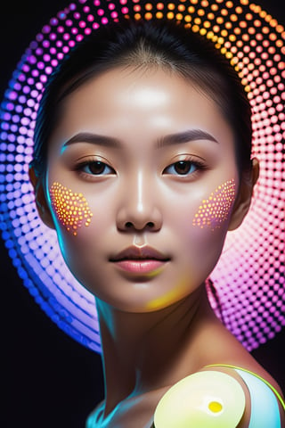 book cover, macro photo of an asian woman with perfect skin, backlit by neon UV lights, luxury, high end, scientific, embody innovation, optimism, and elegance, suitable for a high-end skincare brand. abstract elements that suggest cellular regeneration and a youthful glow, all within a positive, futuristic aesthetic. The color palette should harmonize with the warm, inviting tone of #c88443, reflecting health, vitality, and the transformative power of exosomes.