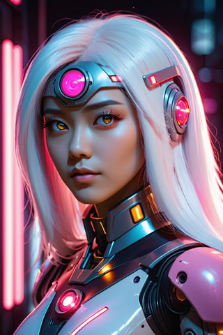 robotech asian female model with long white hair, neon eye makeup, glowing implants on the skin, pink lens flare, focus on the face, ultra realistic skin, high detail, futuristic sci-fi, volumetric light, trending on artstation